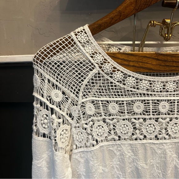 Women's S White Cotton Tunic Lace Crochet Boho Peasant Hippie 3/4 Sleeve - Picture 2 of 12